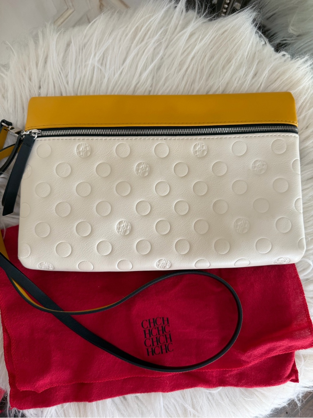 Carolina Herrera White Pebbled Leather Clutch with Yellow Trim - Picture 2 of 8